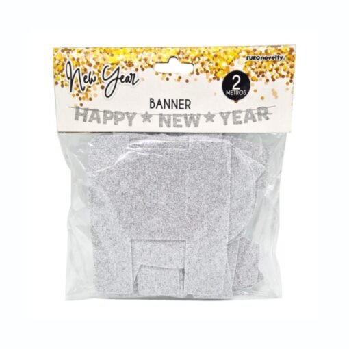 Banner Decorativo Happy New Year Plateado Brillante 2 Metros_1