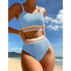 Traje De Baño Cintura Alta Mujer Bikini Acanalado Corte Alto_2