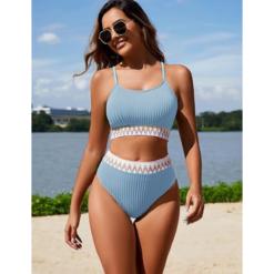 Traje De Baño Cintura Alta Mujer Bikini Acanalado Corte Alto_3