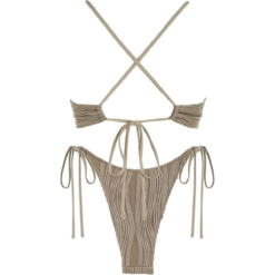 Conjunto Bikini Sexy Mujer Corte Alto Textura Anillo Metal_5