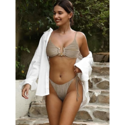 Conjunto Bikini Sexy Mujer Corte Alto Textura Anillo Metal_3