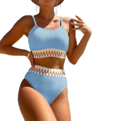 Traje De Baño Cintura Alta Mujer Bikini Acanalado Corte Alto_0